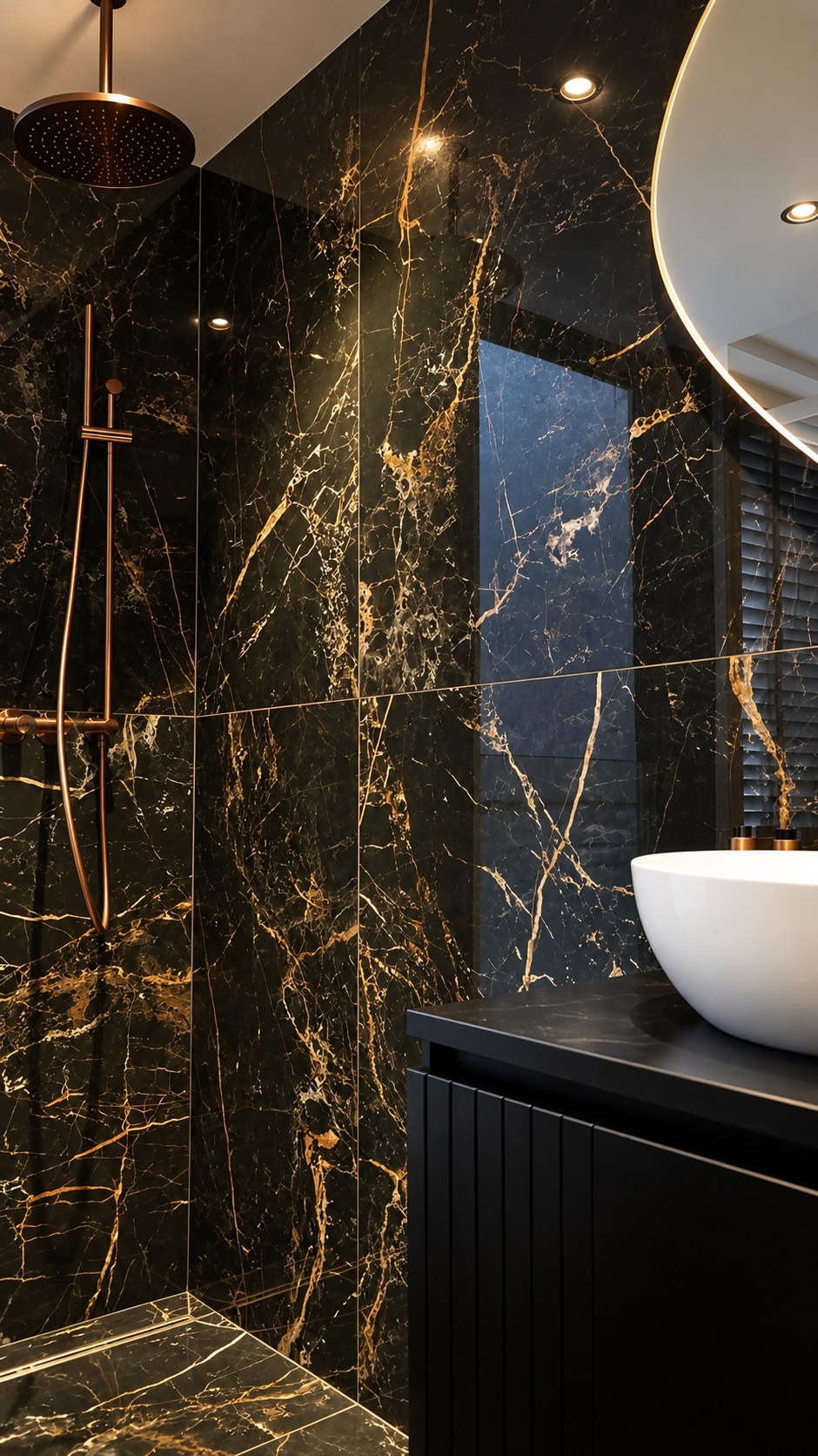 Badkamer met zwart meubel en marmerlook tegels