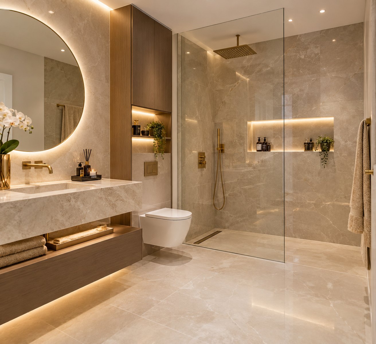 Lichte badkamer met inloopdouche, natuursteenlook en gouden kranen