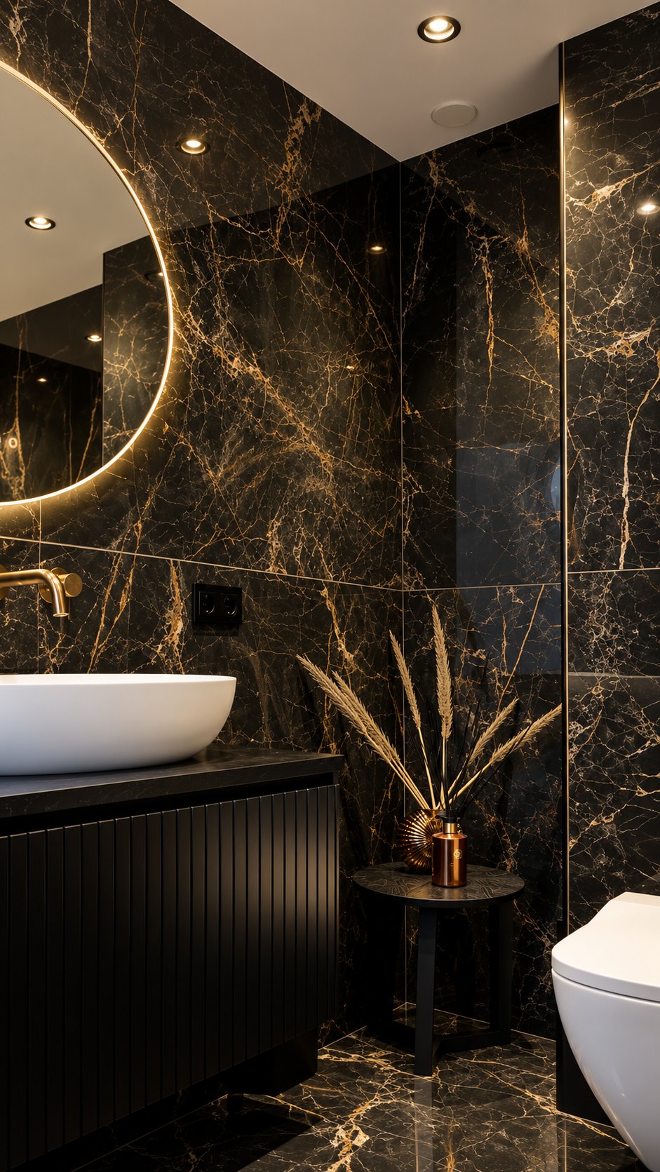 Toilet met marmerlook wanden en zwart meubel